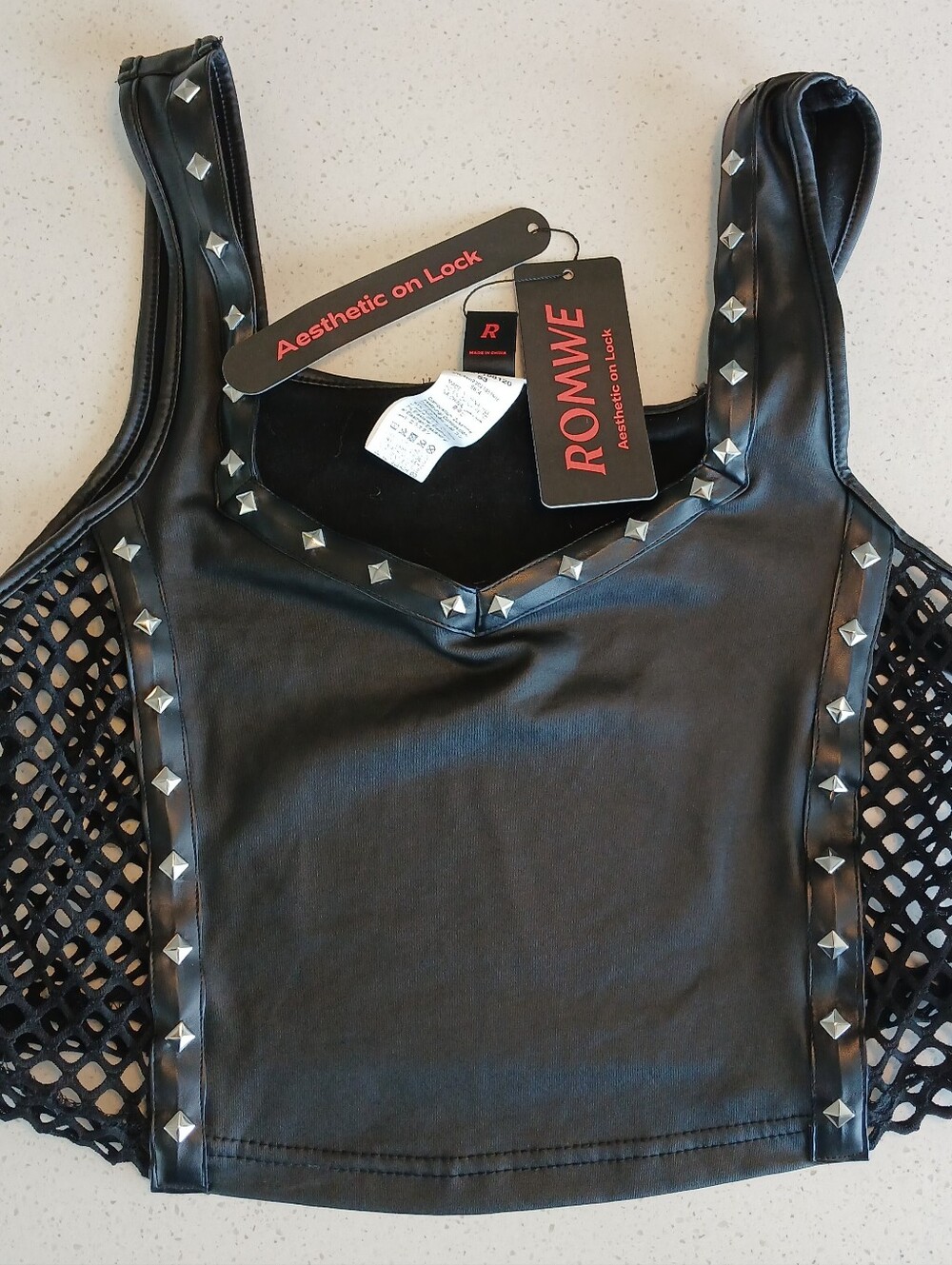 Hot Bold Black Leather Studded Mesh Crop Tank